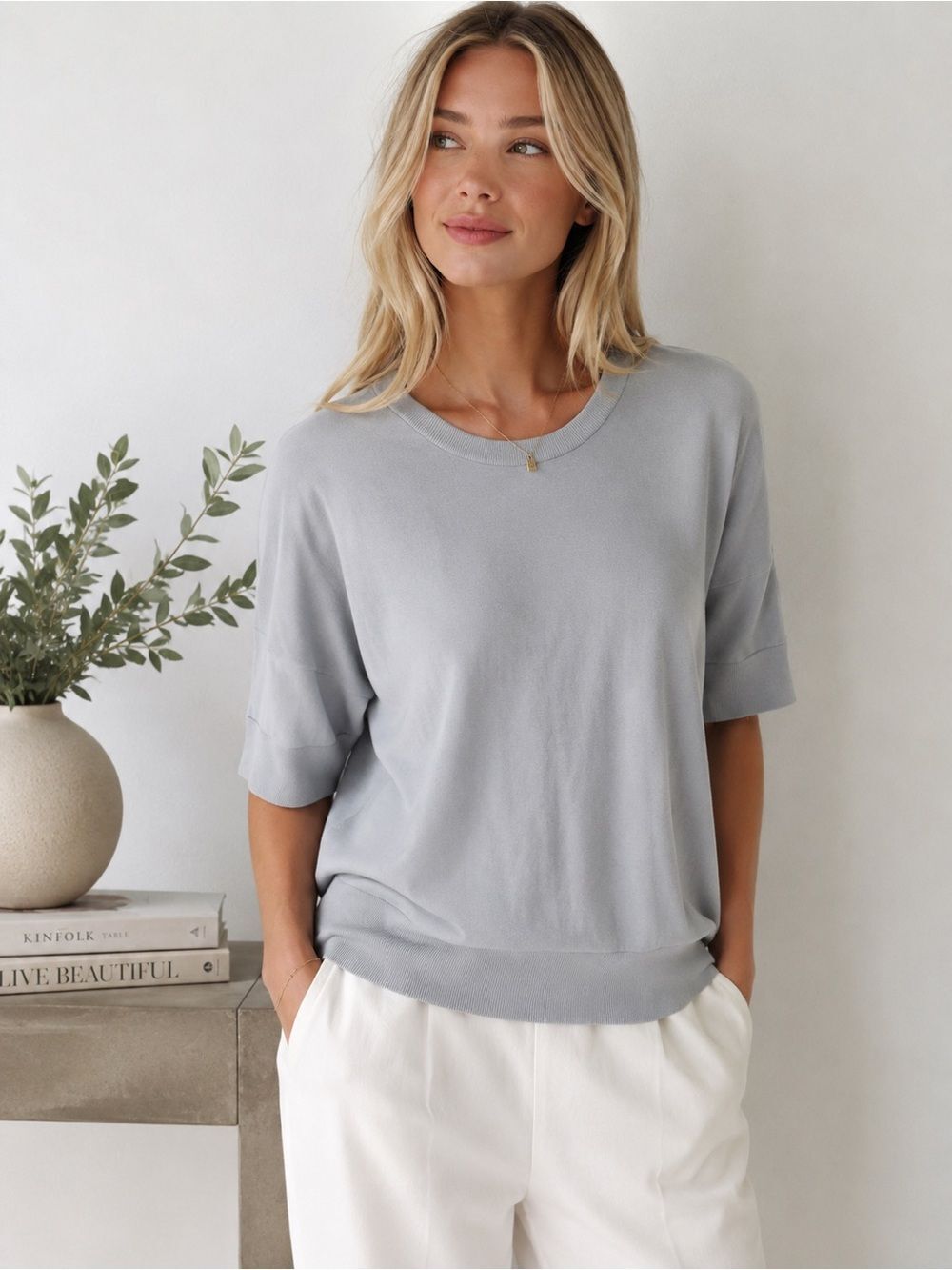 Universal Standard Light Gray Relaxed Knit Short Sleeve Top
